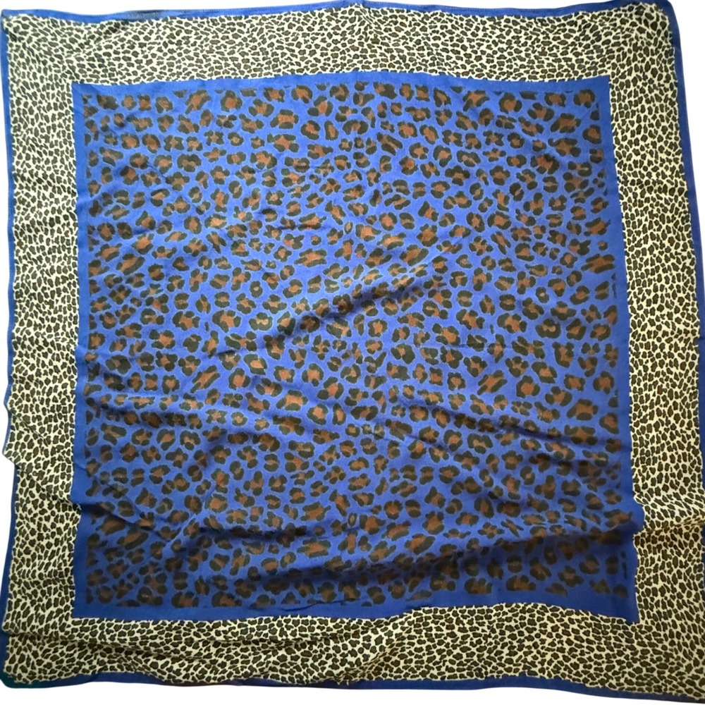 Vintage Italian Rayon Leopard Print Square Scarf Blue Tan RN 62720